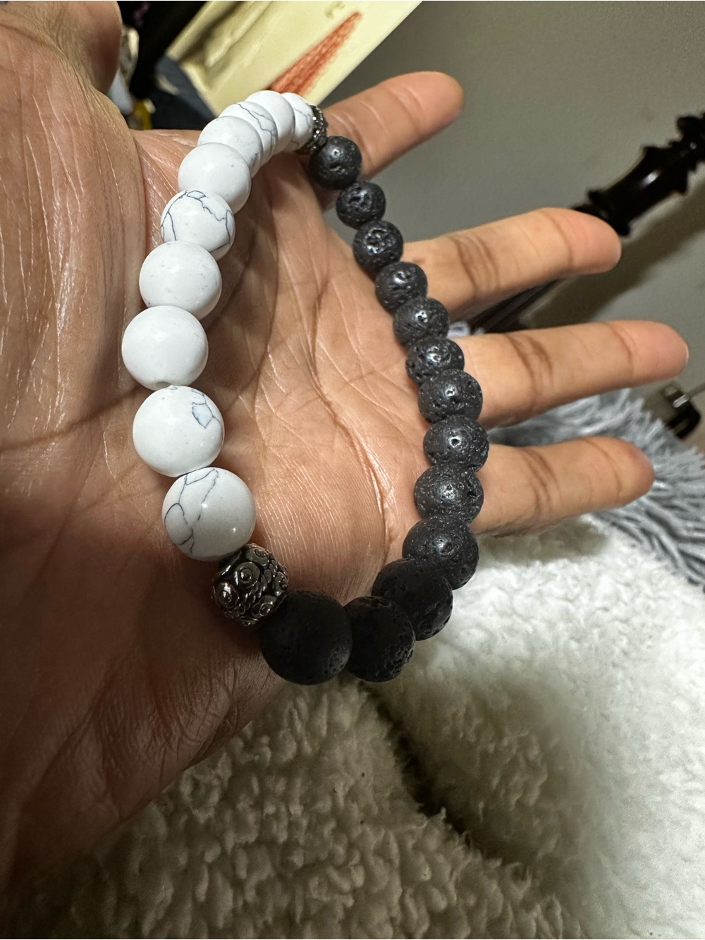 White Marble & Black Lava Bead Stretch Bracelet
